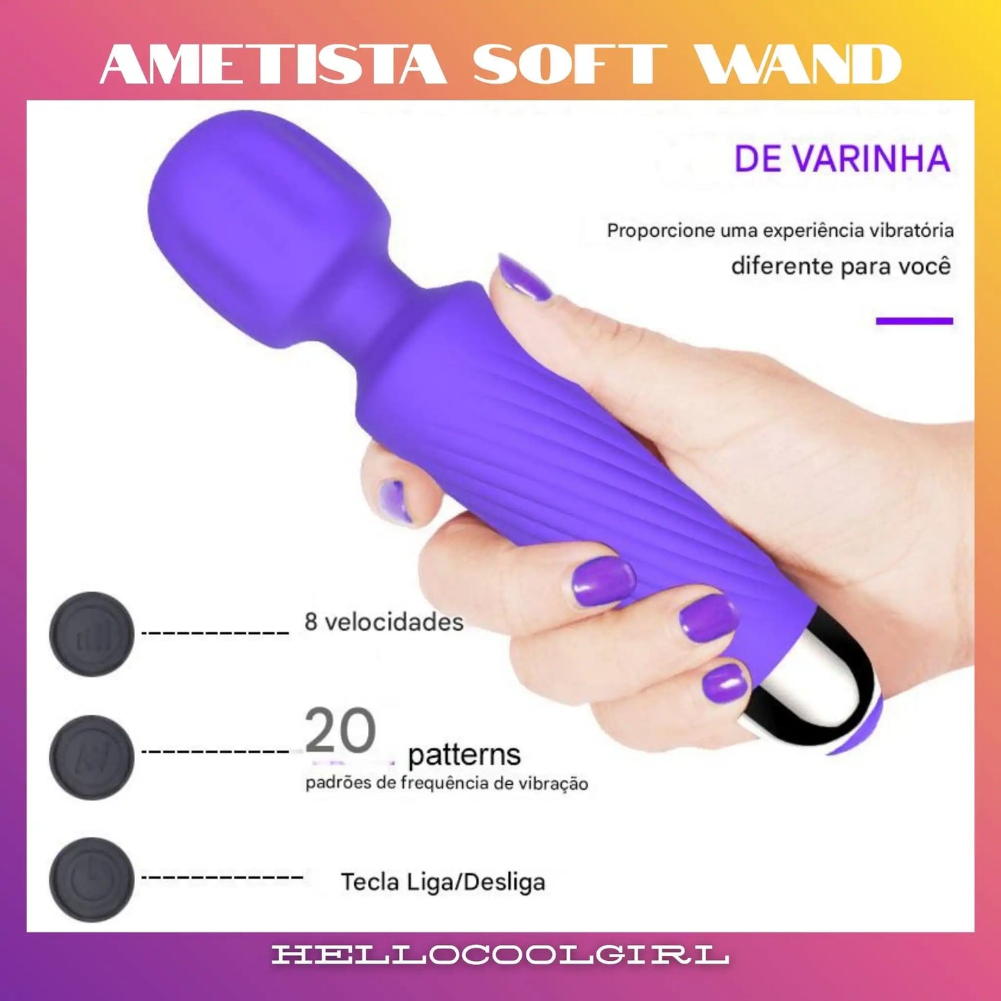 Ametista Soft Wand 8 Velocidades e 20 Padrões de Vibração Controle Total