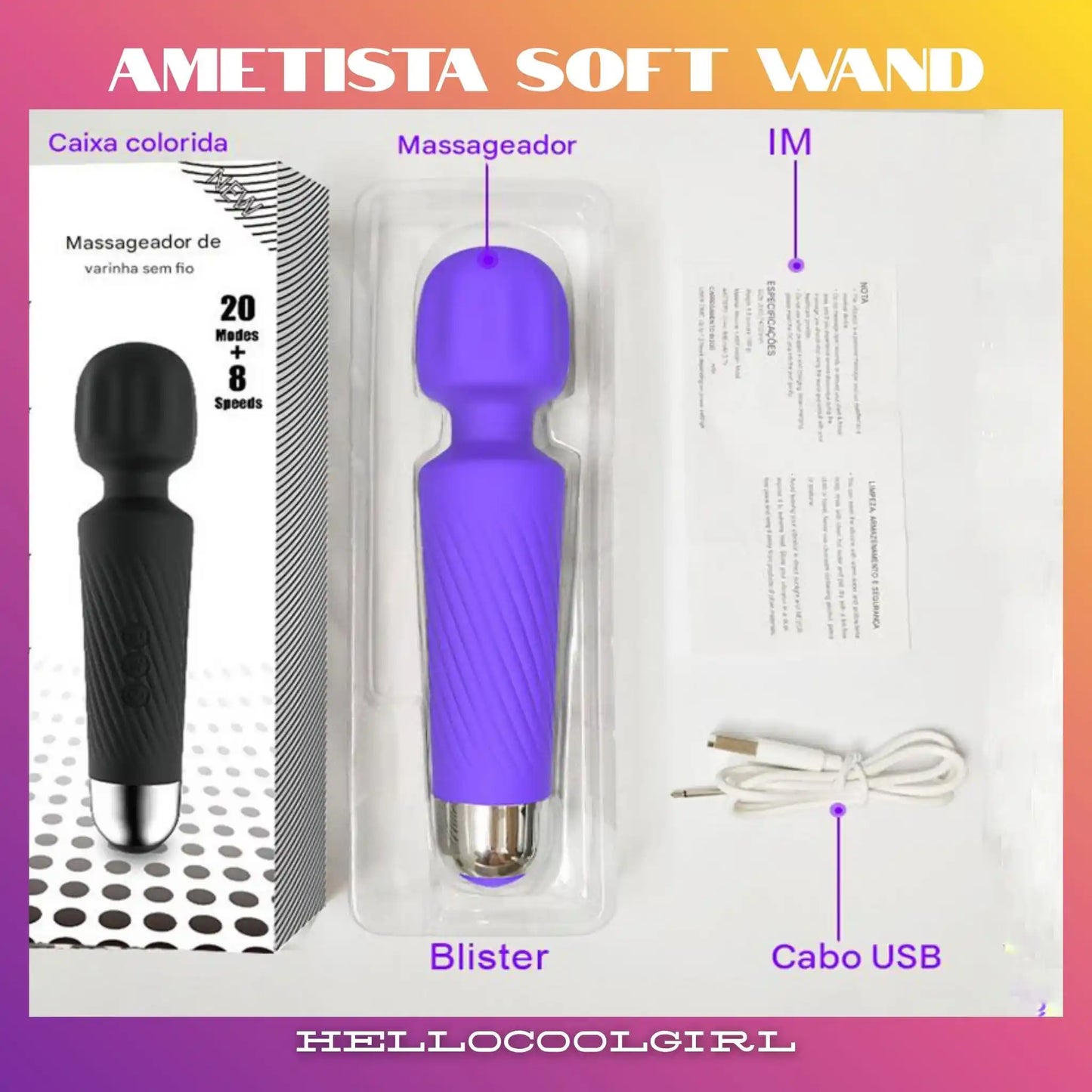 oAmetista Soft Wand Conteúdo da Embalagem Massageador e Cabo USB Higiene Total