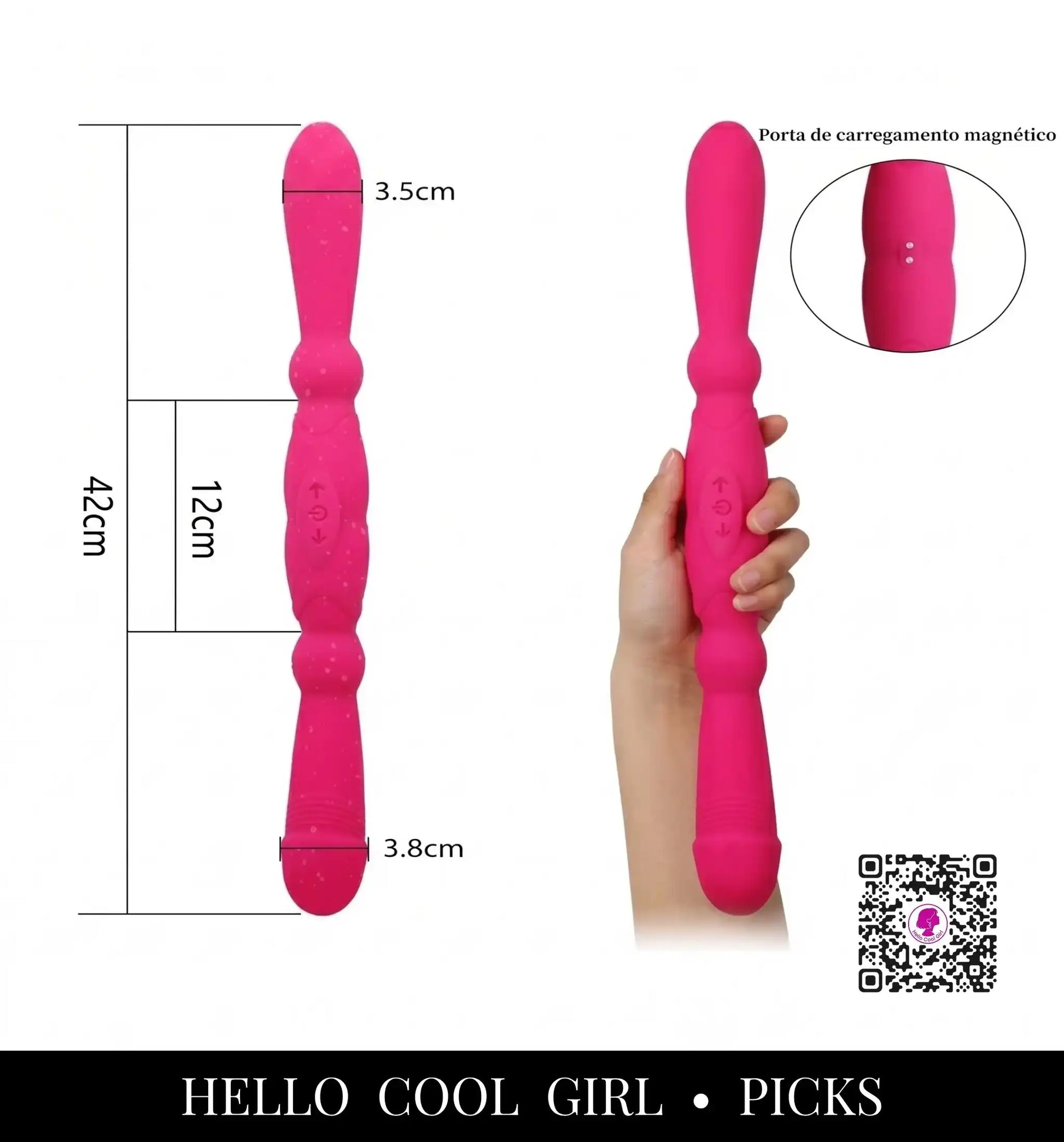 DuoTouch vibrador extra longo de 42cm com alça de 12cm para alcance ergonômico total.