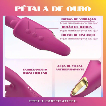 Pétala de Ouro com 9 modos de lambida e 9 de batida para estimulação dos pontos A, G e Clitóris no Brasil. Produto com certificação de segurança e Remessa Conforme garantida.