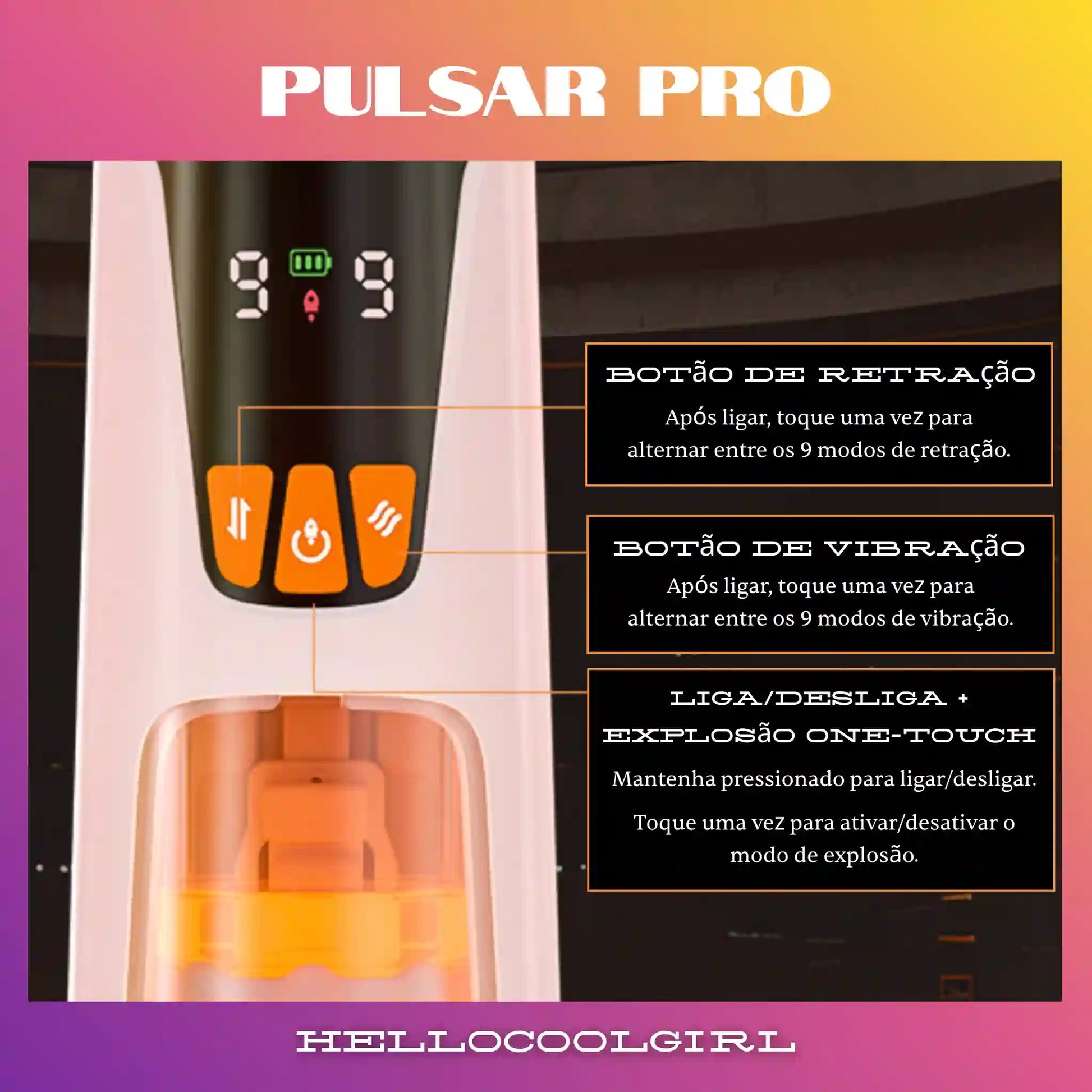Painel digital inteligente do HelloCoolGirl Pulsar Pro com controle de 3 intensidades e 6 frequências de vibração.