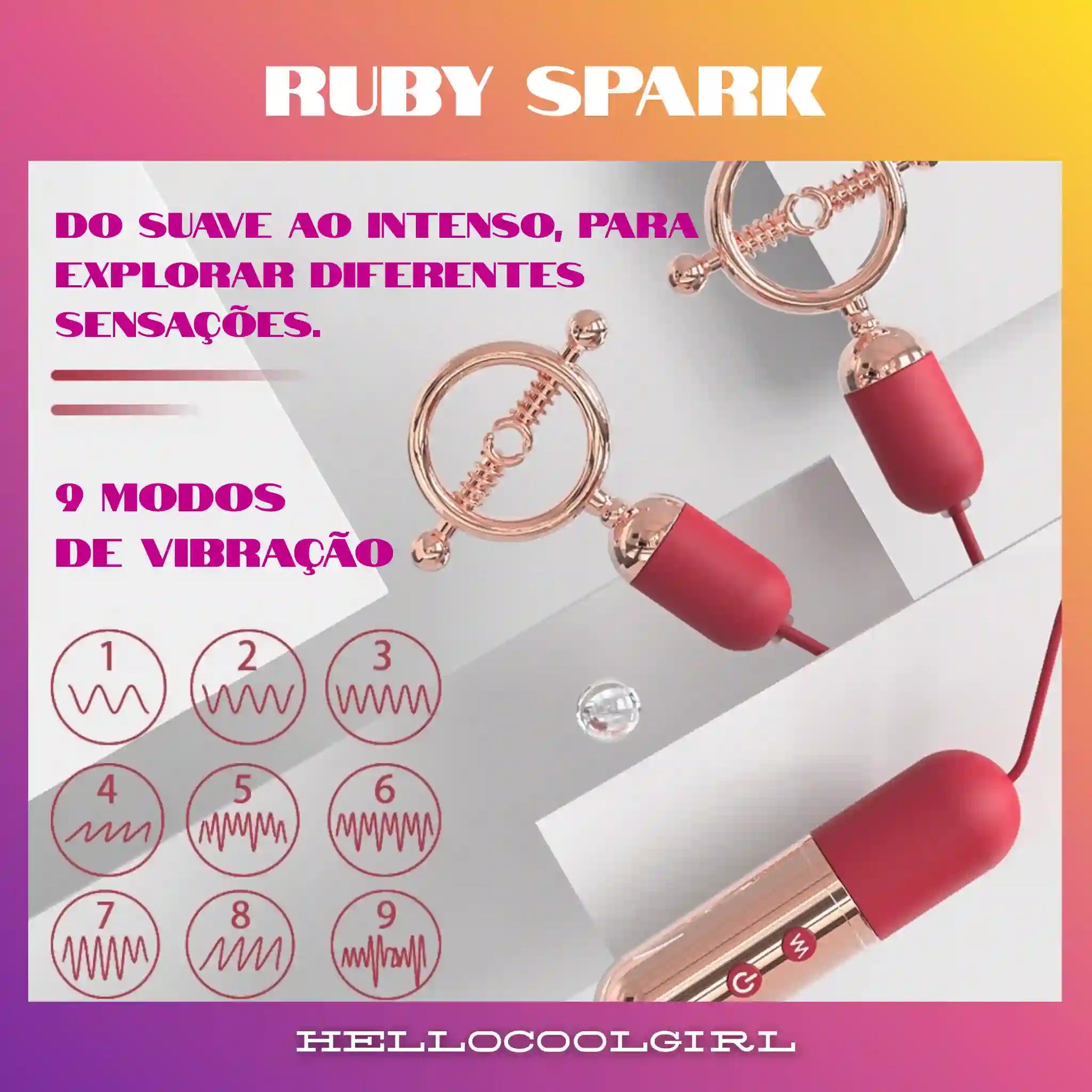 Infográfico dos 9 modos de frequência vibratória do estimulador Ruby Spark.