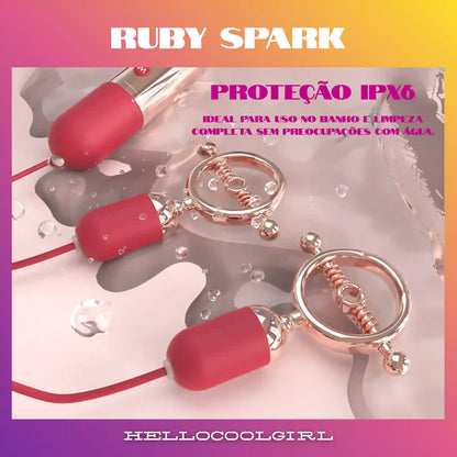Estimulador Ruby Spark com certificação IPX6 para uso seguro na água.