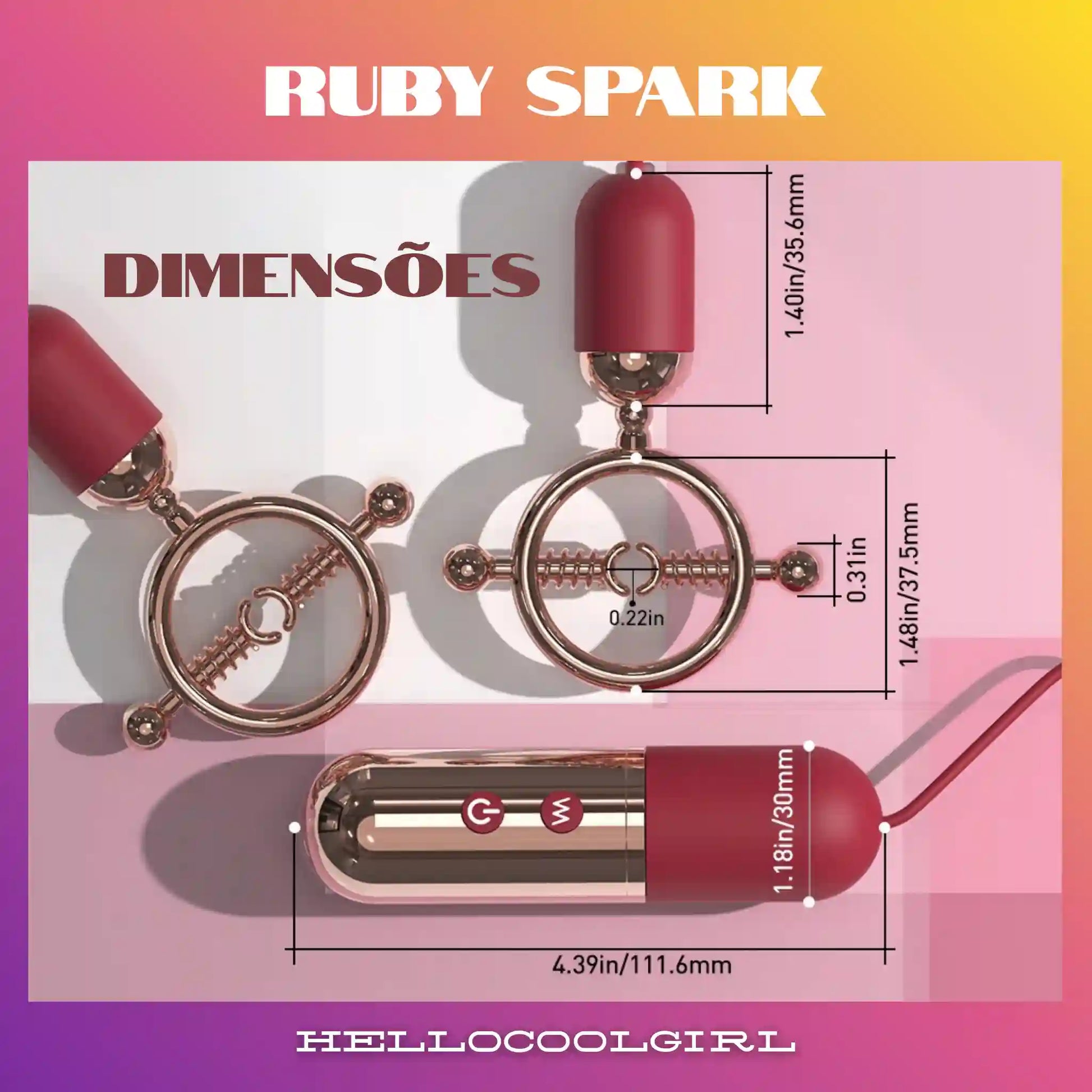 Dimensões do Ruby Spark com 111.6mm de controle e mamilos ajustáveis.