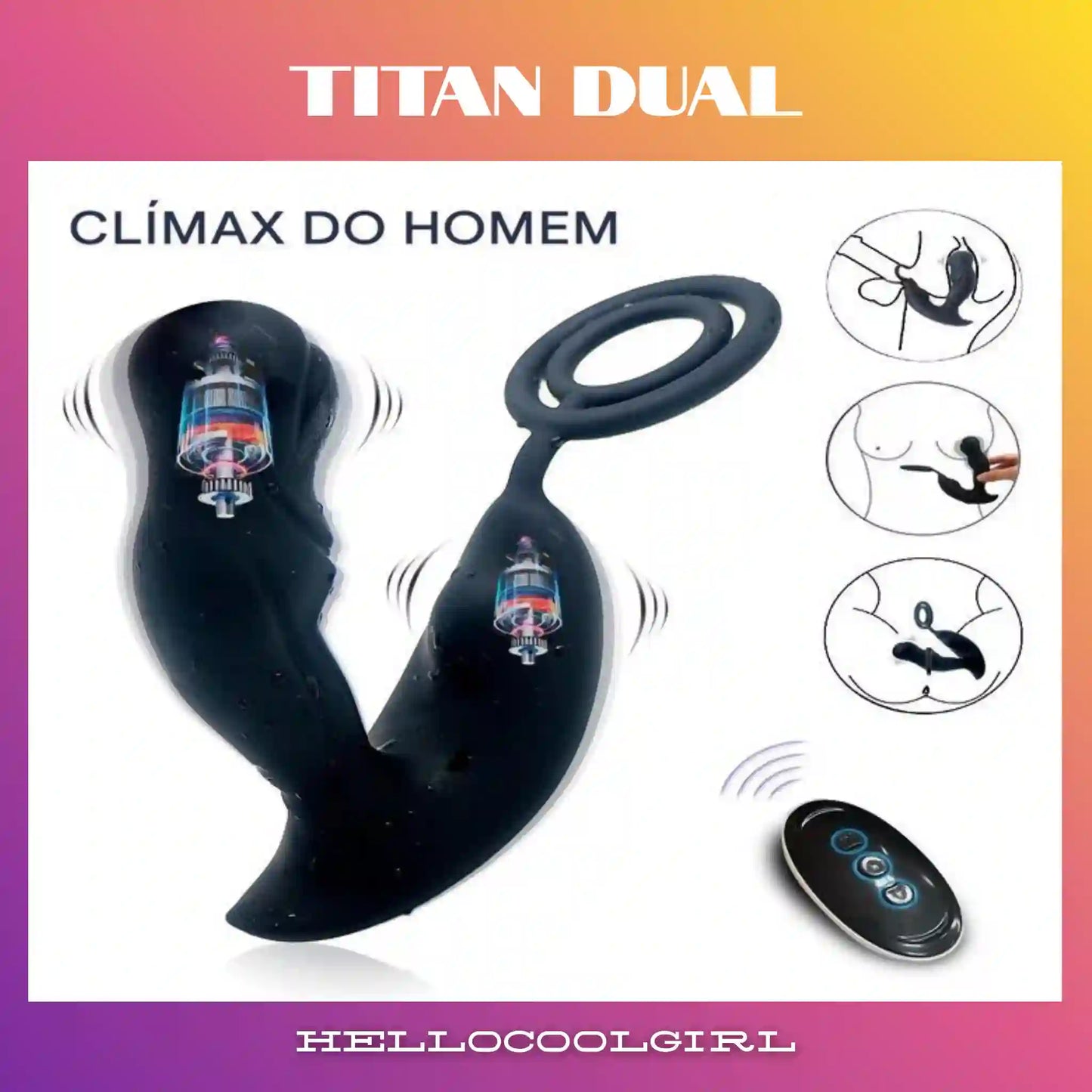 Massageador dual motor HelloCoolGirl Titan com 10 modos de vibração para uso masculino no Brasil.