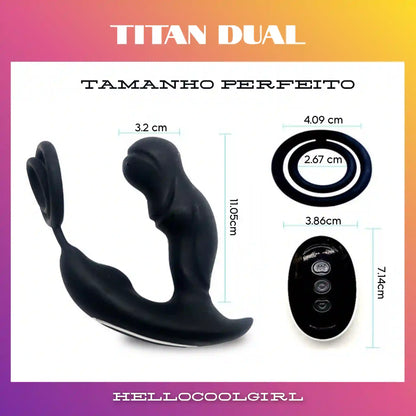 Dimensões detalhadas do HelloCoolGirl Titan e guia de tamanho do controle remoto.