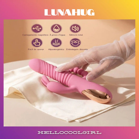 Massageador LunaHug com design em forma de lua e silicone de grau médico.